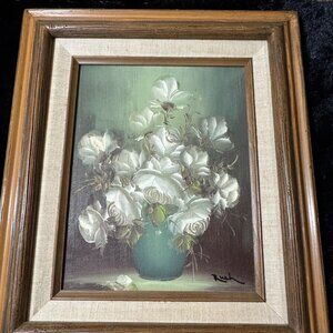 VINTAGE RUSH SIGNED ROSES FLOWERS ORIGINAL OIL ON CANVAS PAINTING